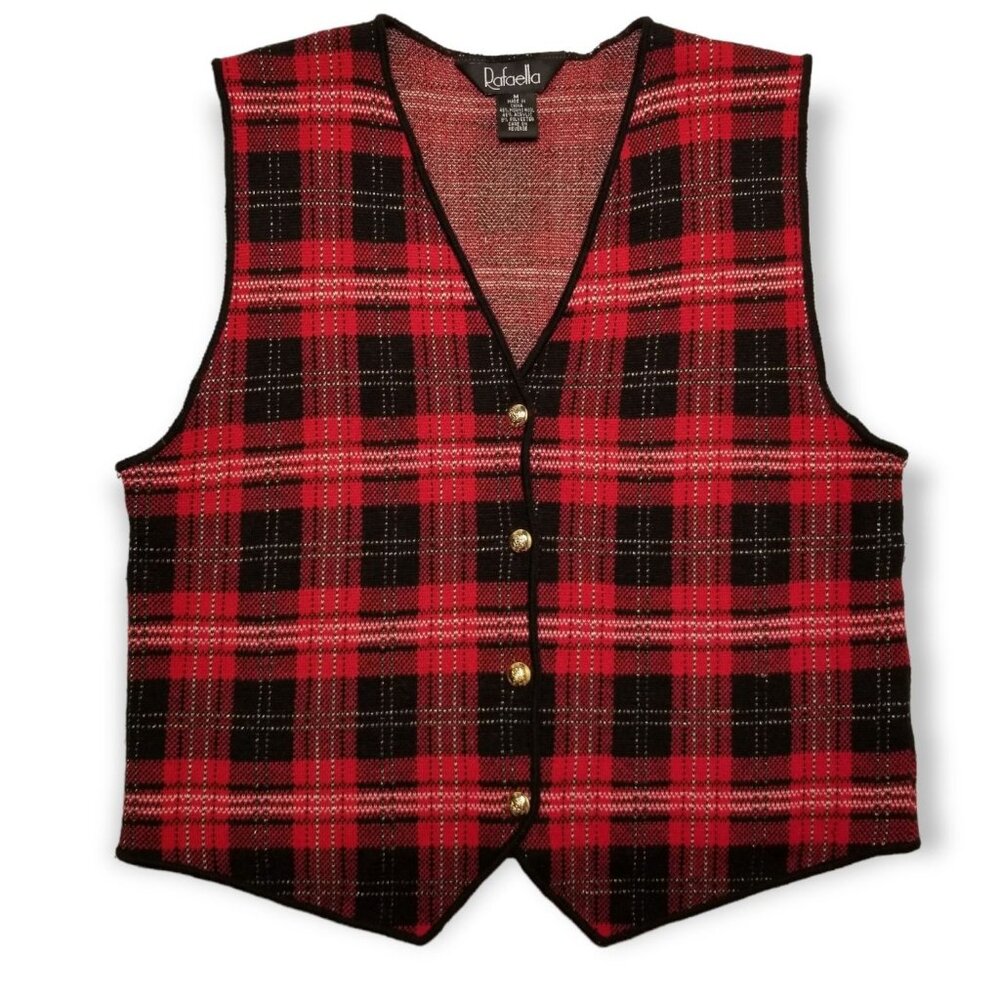 ❤️Vintage M Sweater Vest Merino Wool Red Plaid Gold Buttons Academia Grunge